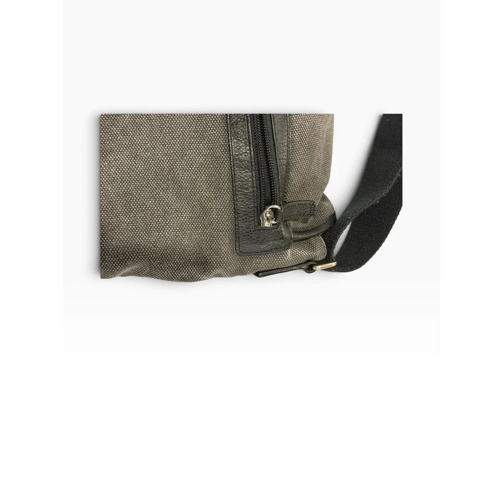Levenger Gray Canvas Messenger Bag Black Leather Trim Vintage Early 2000s Y2K